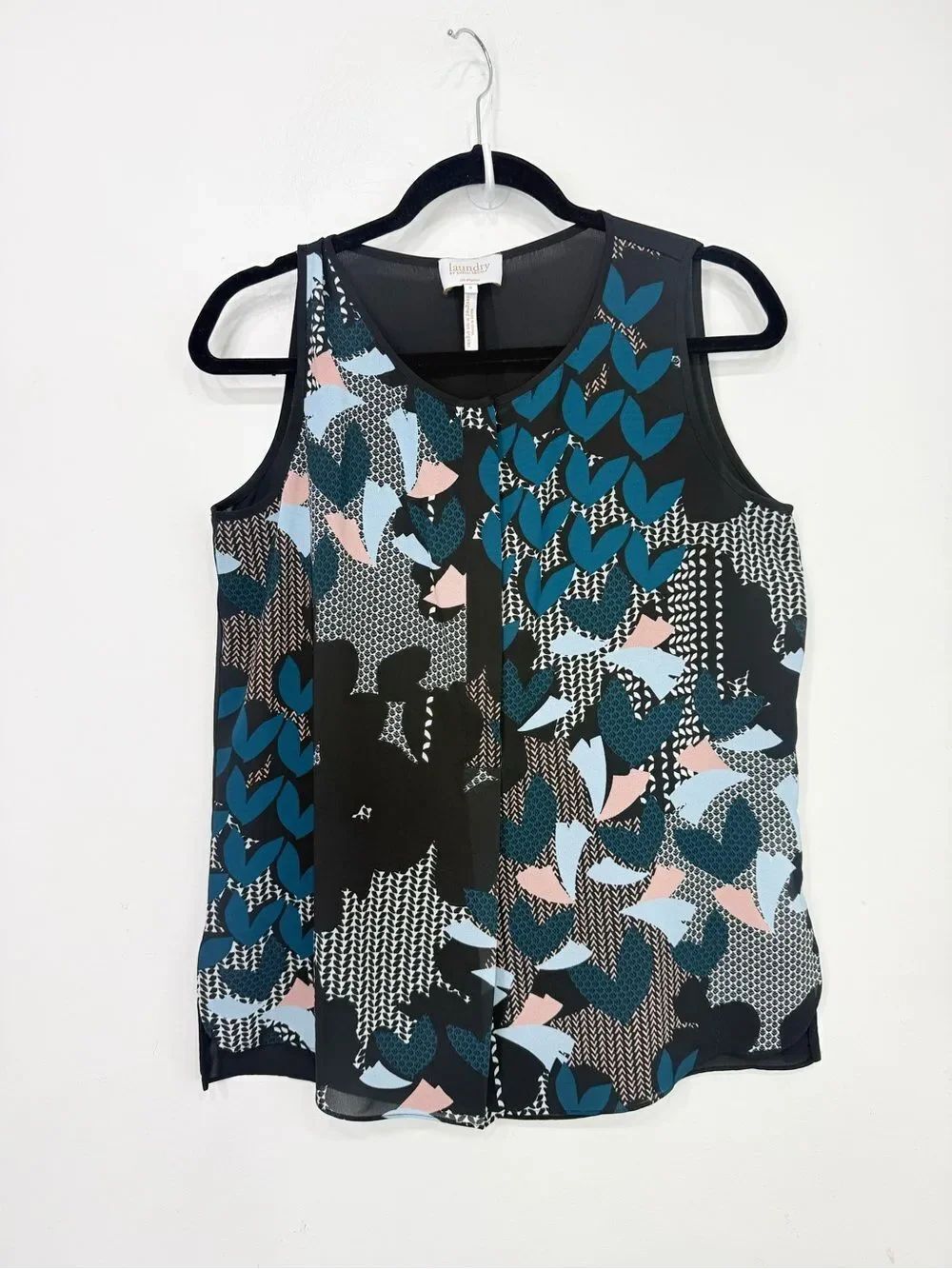Laundry Shelli Segal Black Geometric Contemporary Floral Sleeveless Tank Blouse